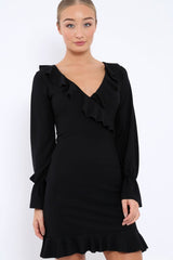 Black Wrap Mini Dress with Frills - Maleigh-Dresses