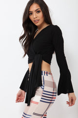 Black Wrap Over Tie Front Crop Top - Ella-Crop Tops