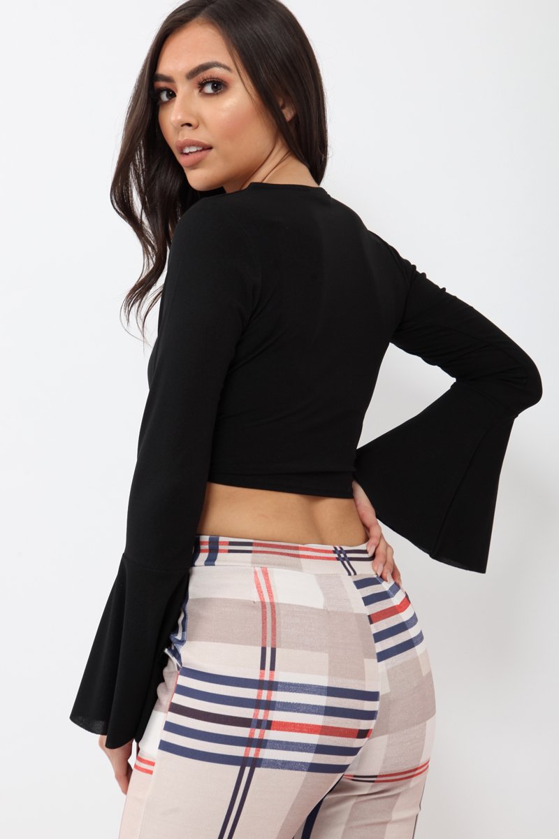 Black Wrap Over Tie Front Crop Top - Ella-Crop Tops