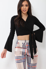 Black Wrap Over Tie Front Crop Top - Ella-Crop Tops