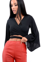 Black Wrap Tie Crop Blouse - Kay-Tops
