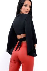 Black Wrap Tie Crop Blouse - Kay-Tops