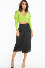 Black Wrap Tie Side Satin Midi Skirt - Mailah-Skirts