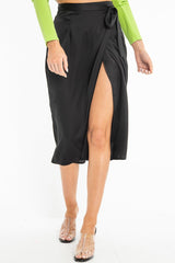 Black Wrap Tie Side Satin Midi Skirt - Mailah-Skirts