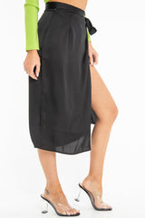 Black Wrap Tie Side Satin Midi Skirt - Mailah-Skirts