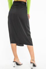 Black Wrap Tie Side Satin Midi Skirt - Mailah-Skirts