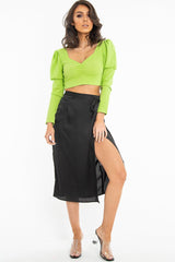 Black Wrap Tie Side Satin Midi Skirt - Mailah-Skirts
