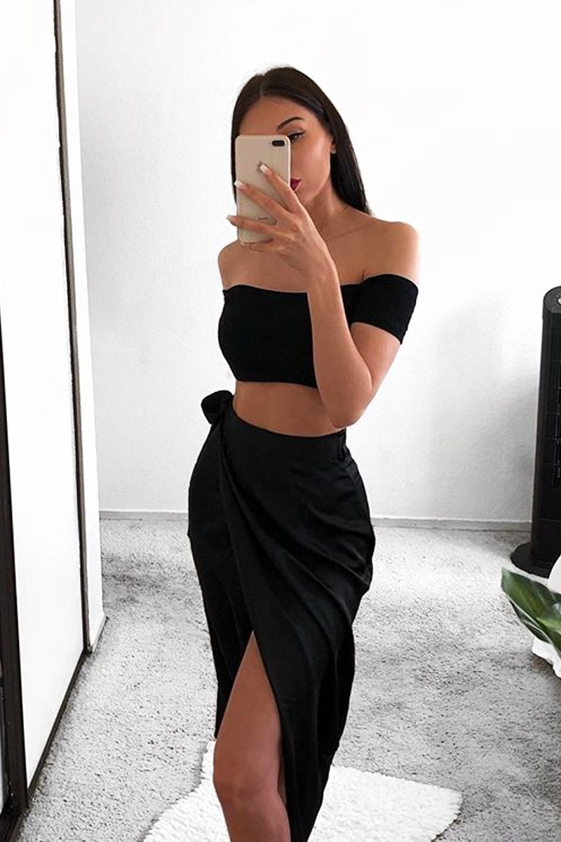 Black Wrap Tie Side Satin Midi Skirt - Mailah-Skirts