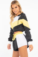 Black Yellow Colour Block Hooded Jacket Shorts Tracksuit Co-ord - Jettie-Co-ords