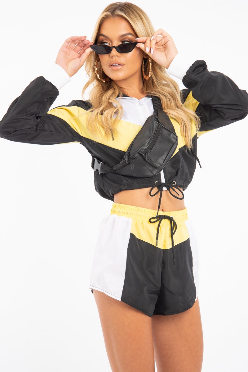 Black Yellow Colour Block Hooded Jacket Shorts Tracksuit Co-ord - Jettie-Co-ords