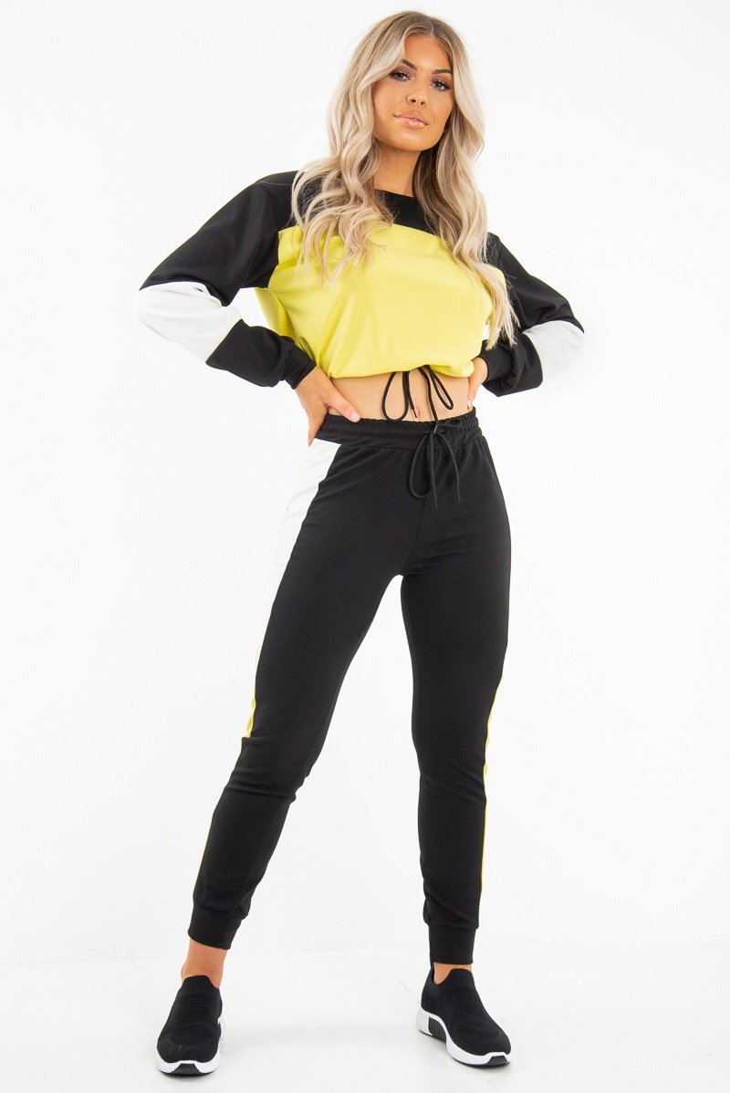 Black Yellow Colour Block Sweatshirt Tracksuit - Kazia-Tracksuits