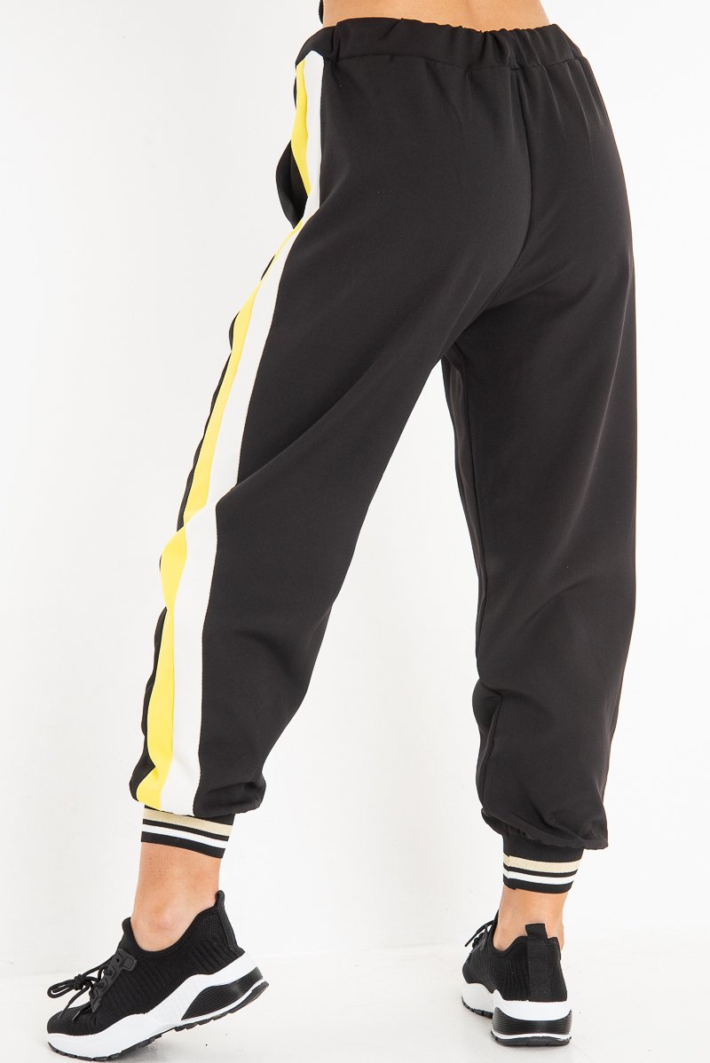 Black Yellow Cuffed Hem Tie Waist Joggers - Kaci-Tracksuits