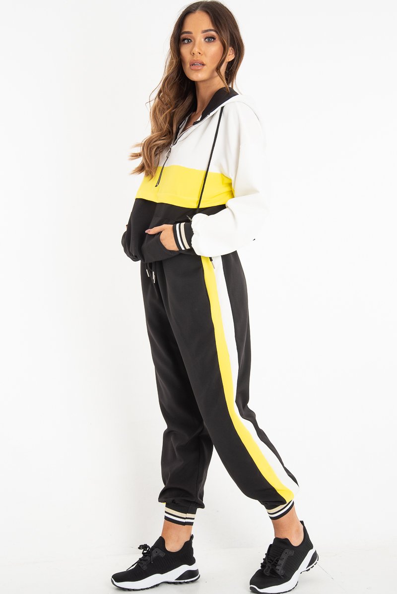 Black Yellow Cuffed Hem Tie Waist Joggers - Kaci-Tracksuits