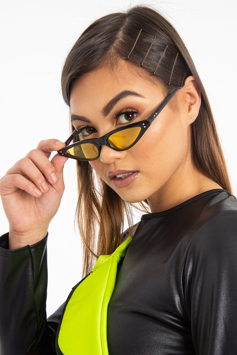 Black Yellow Slim Pointed Cat Eye Sunglasses - Fluer-Sunglasses