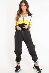 Black Yellow Zip Front Drawstring Hoodie and Jogger Set - Evon-Tracksuits