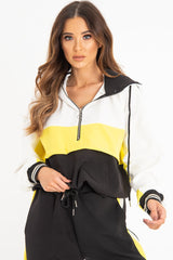 Black Yellow Zip Front Drawstring Hoodie and Jogger Set - Evon-Tracksuits