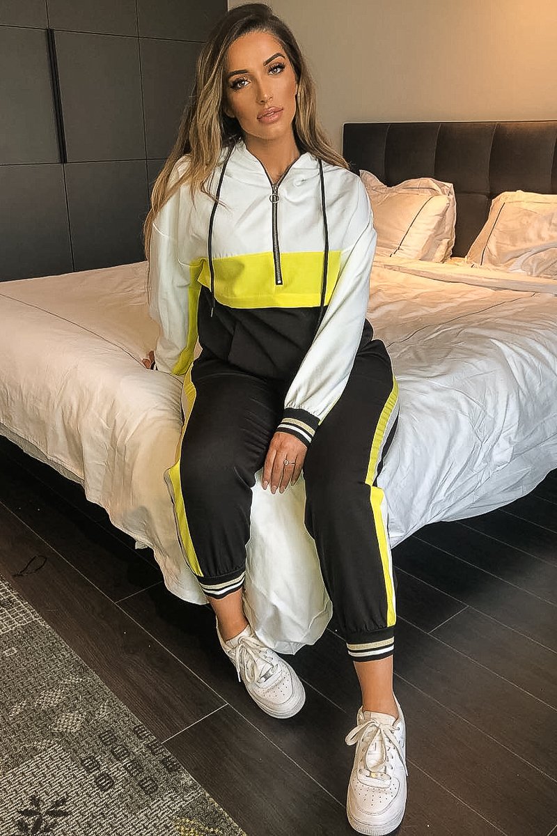 Black Yellow Zip Front Drawstring Hoodie and Jogger Set - Evon-Tracksuits