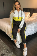 Black Yellow Zip Front Drawstring Hoodie and Jogger Set - Evon-Tracksuits