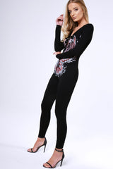 Black 'You Only Live Once' Slogan Lace Up Jumpsuit - Leandra-Jumpsuits