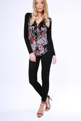 Black 'You Only Live Once' Slogan Lace Up Jumpsuit - Leandra-Jumpsuits