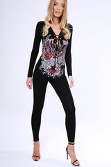 Black 'You Only Live Once' Slogan Lace Up Jumpsuit - Leandra-Jumpsuits