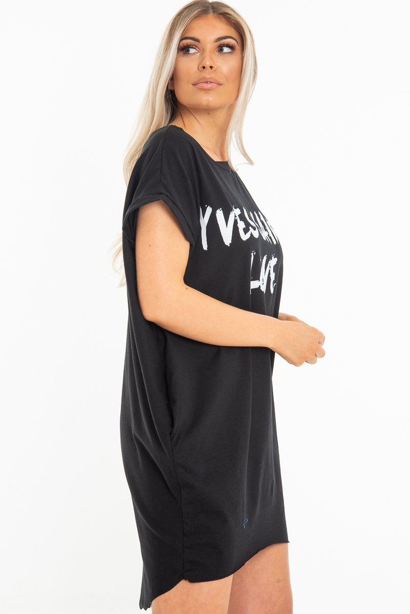 Black Yves Saint Love Printed Slogan T-Shirt Dress - Jamey-Dresses