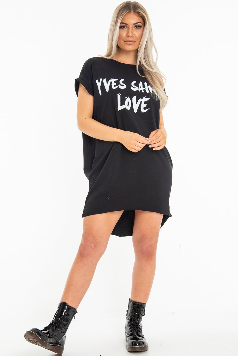 Black Yves Saint Love Printed Slogan T-Shirt Dress - Jamey-Dresses