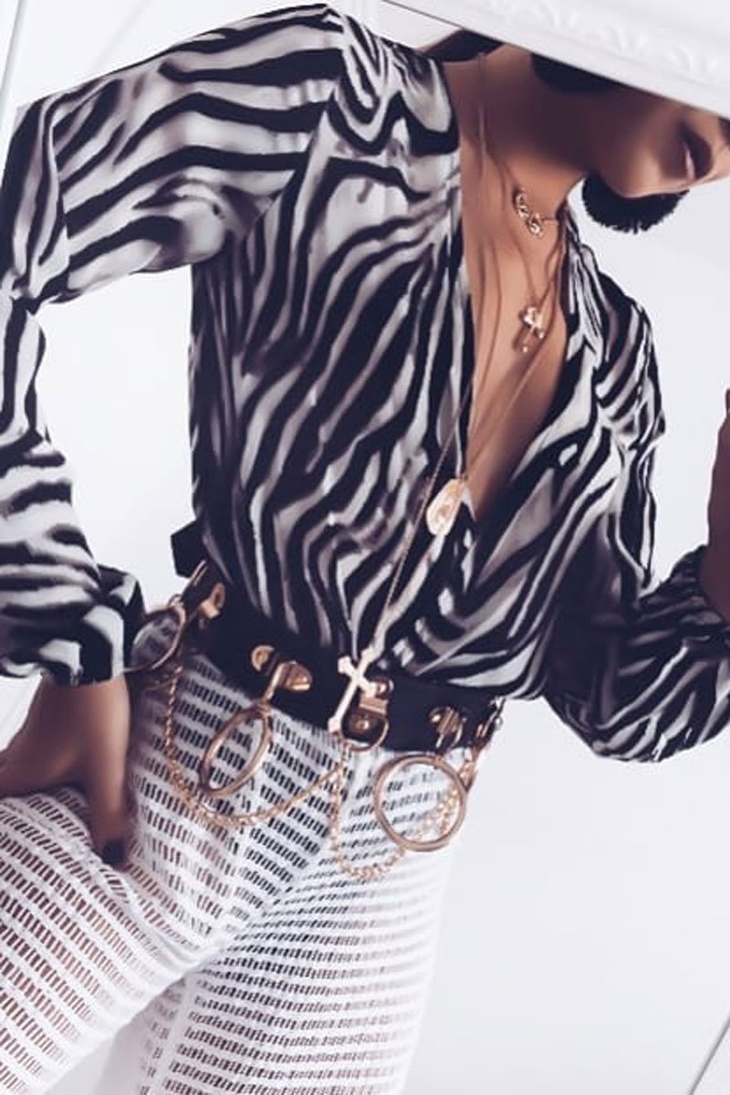 Black Zebra Print Plunge Long Sleeved Bodysuit - Macee-Bodysuits