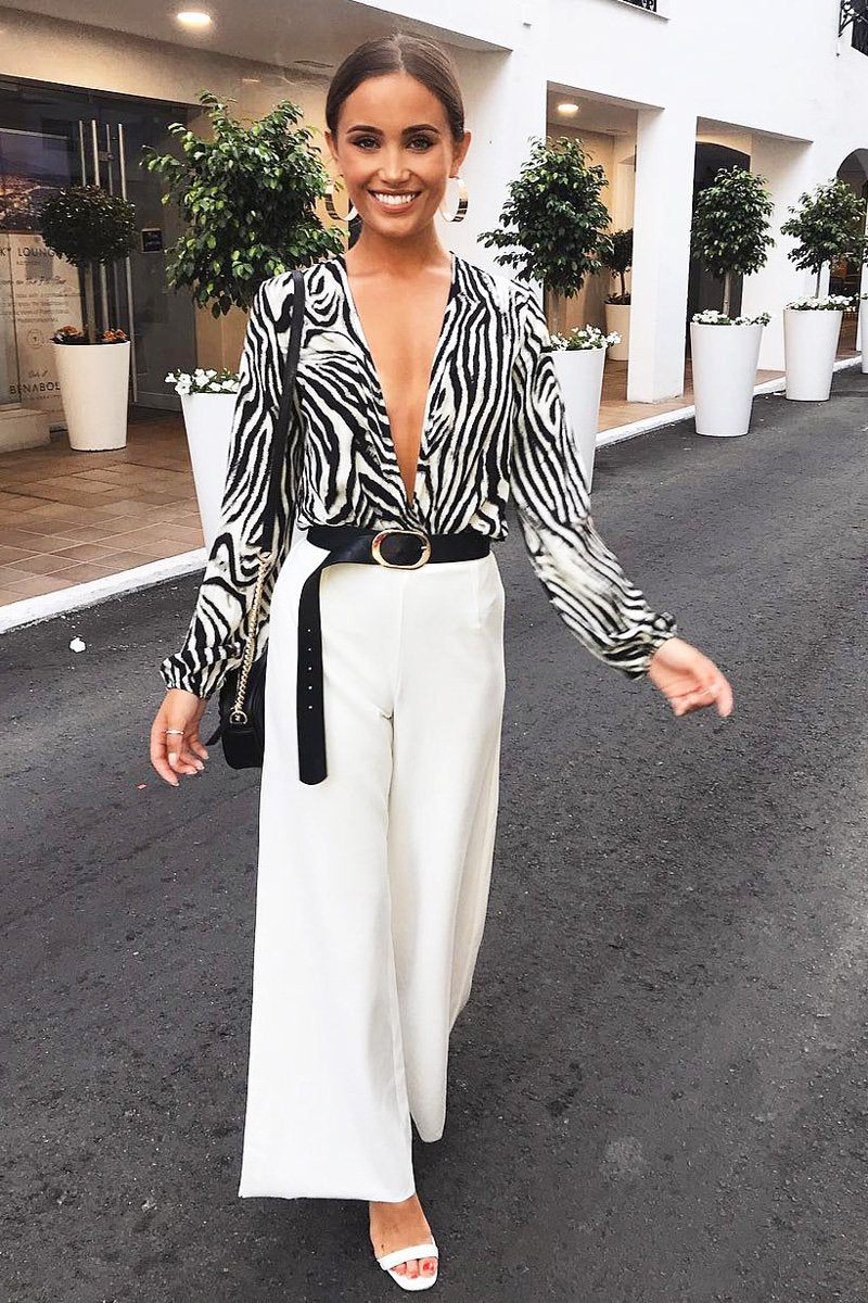 Black Zebra Print Plunge Long Sleeved Bodysuit - Macee-Bodysuits