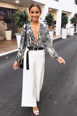 Black Zebra Print Plunge Long Sleeved Bodysuit - Macee-Bodysuits