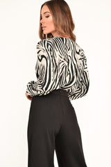 Black Zebra Print Plunge Long Sleeved Bodysuit - Macee-Bodysuits