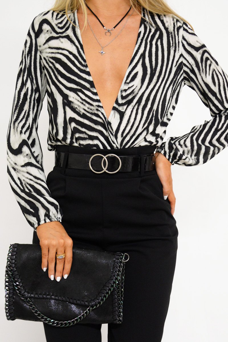 Black Zebra Print Plunge Long Sleeved Bodysuit - Macee-Bodysuits