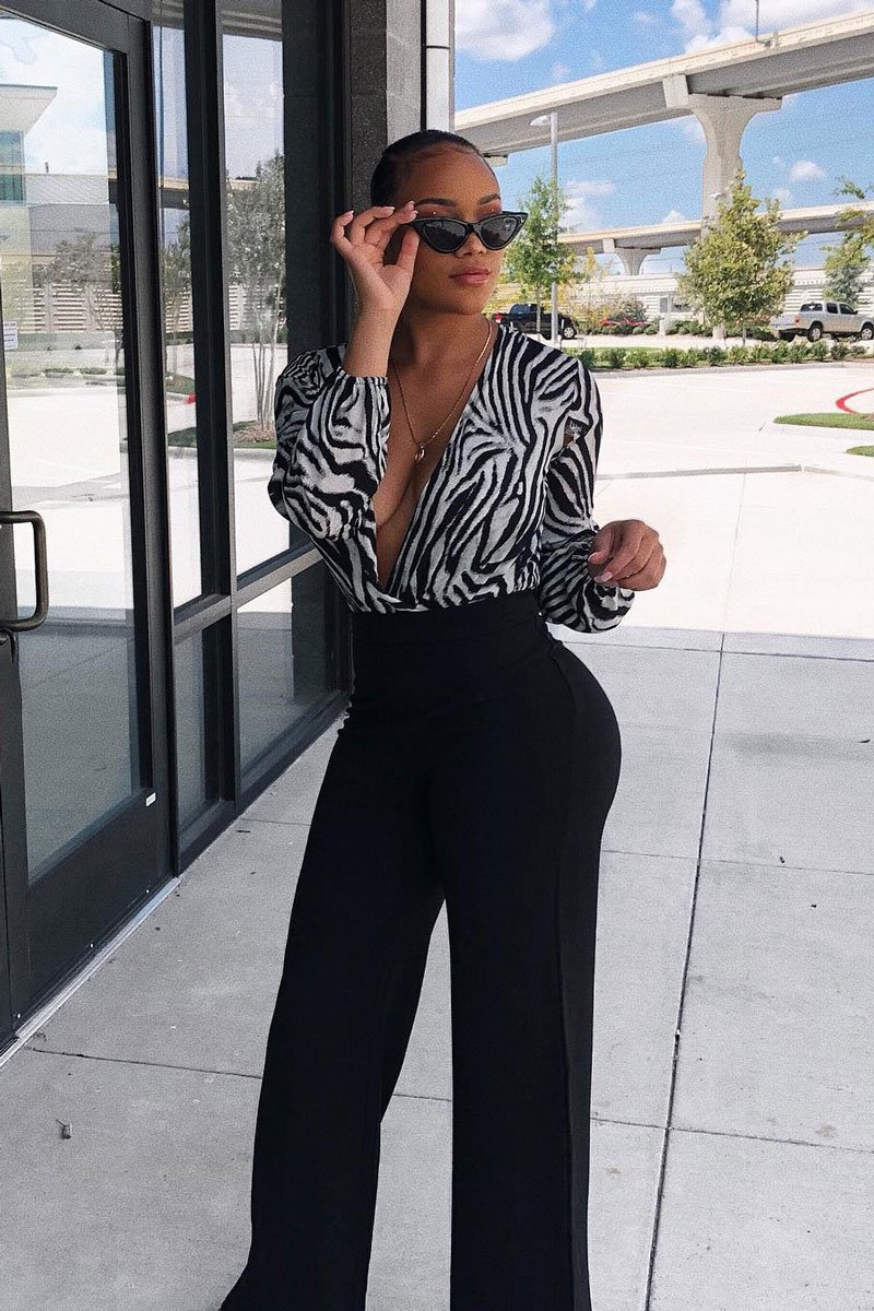 Black Zebra Print Plunge Long Sleeved Bodysuit - Macee-Bodysuits