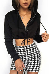 Black Zip Front Drawstring Waist Hoodie Crop Top - Rudi-Hoodies