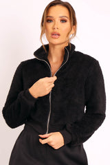 Black Zip Front Faux Fur Crop Jacket - Perri-Jackets