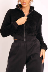 Black Zip Front Faux Fur Crop Jacket - Perri-Jackets