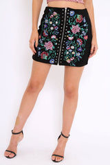Black Zip Front Floral Embroidered Skirt - Charline-Skirts
