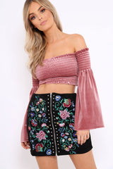 Black Zip Front Floral Embroidered Skirt - Charline-Skirts