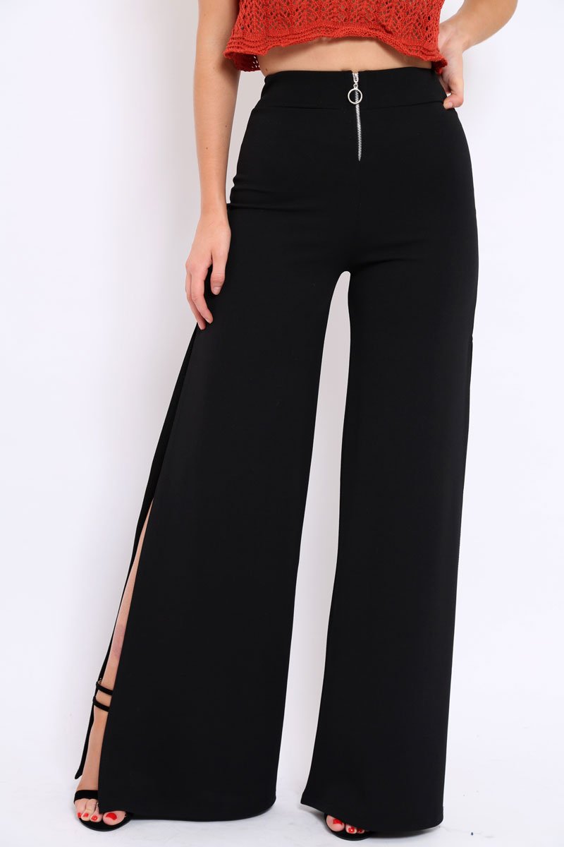 Black Zip Front High Waisted Flare Trousers - Gerta-Trousers