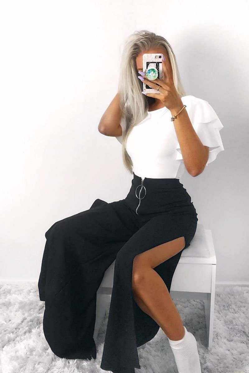 Black Zip Front High Waisted Flare Trousers - Gerta-Trousers