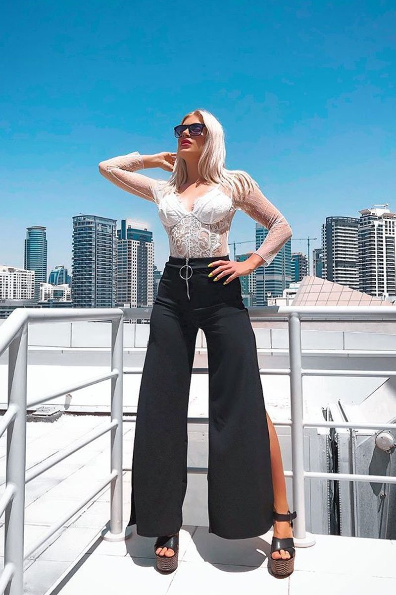 Black Zip Front High Waisted Flare Trousers - Gerta-Trousers