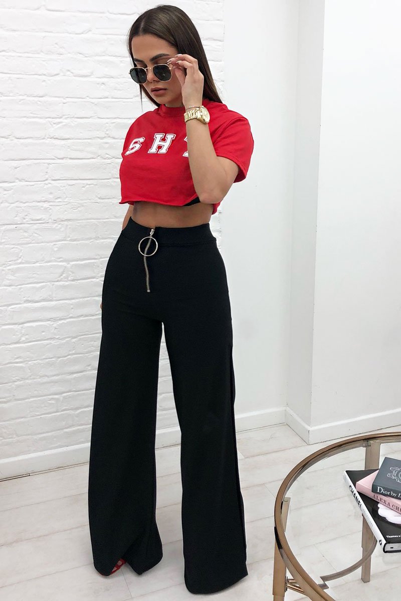 Black Zip Front High Waisted Flare Trousers - Gerta-Trousers