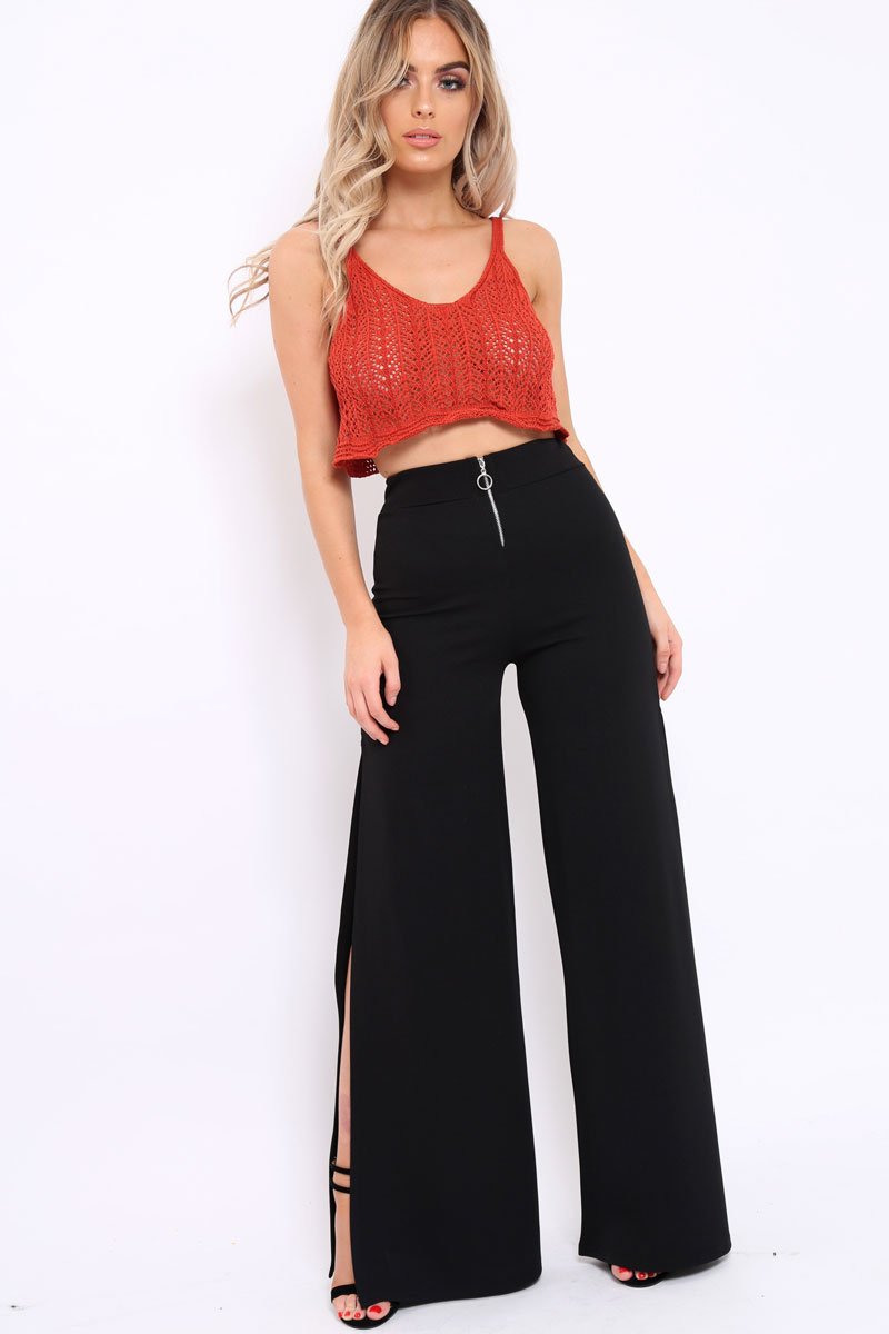Black Zip Front High Waisted Flare Trousers - Gerta-Trousers