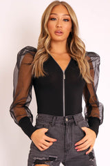Black Zip Front Sheer Puff Sleeves Bodysuit - Vylet-Bodysuits