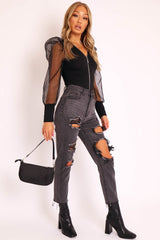 Black Zip Front Sheer Puff Sleeves Bodysuit - Vylet-Bodysuits