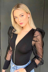 Black Zip Front Sheer Puff Sleeves Bodysuit - Vylet-Bodysuits