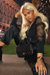 Black Zip Front Sheer Puff Sleeves Bodysuit - Vylet-Bodysuits