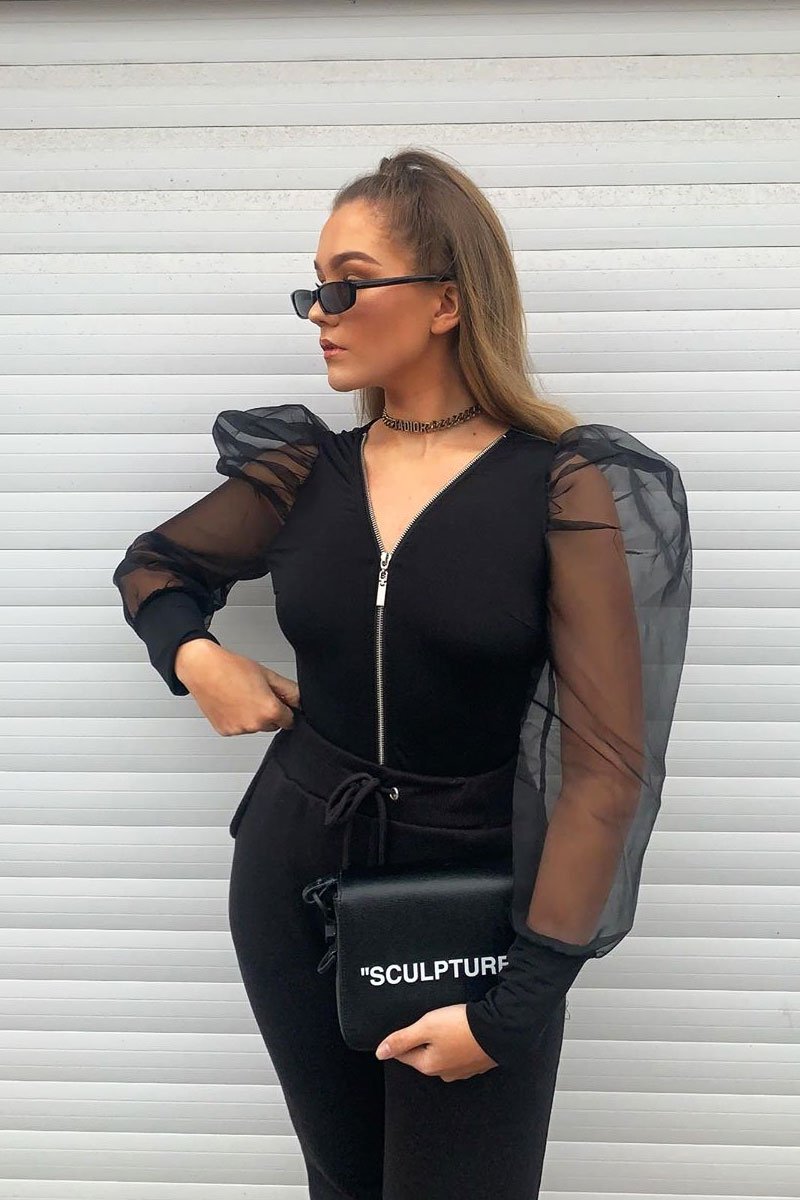 Black Zip Front Sheer Puff Sleeves Bodysuit - Vylet-Bodysuits
