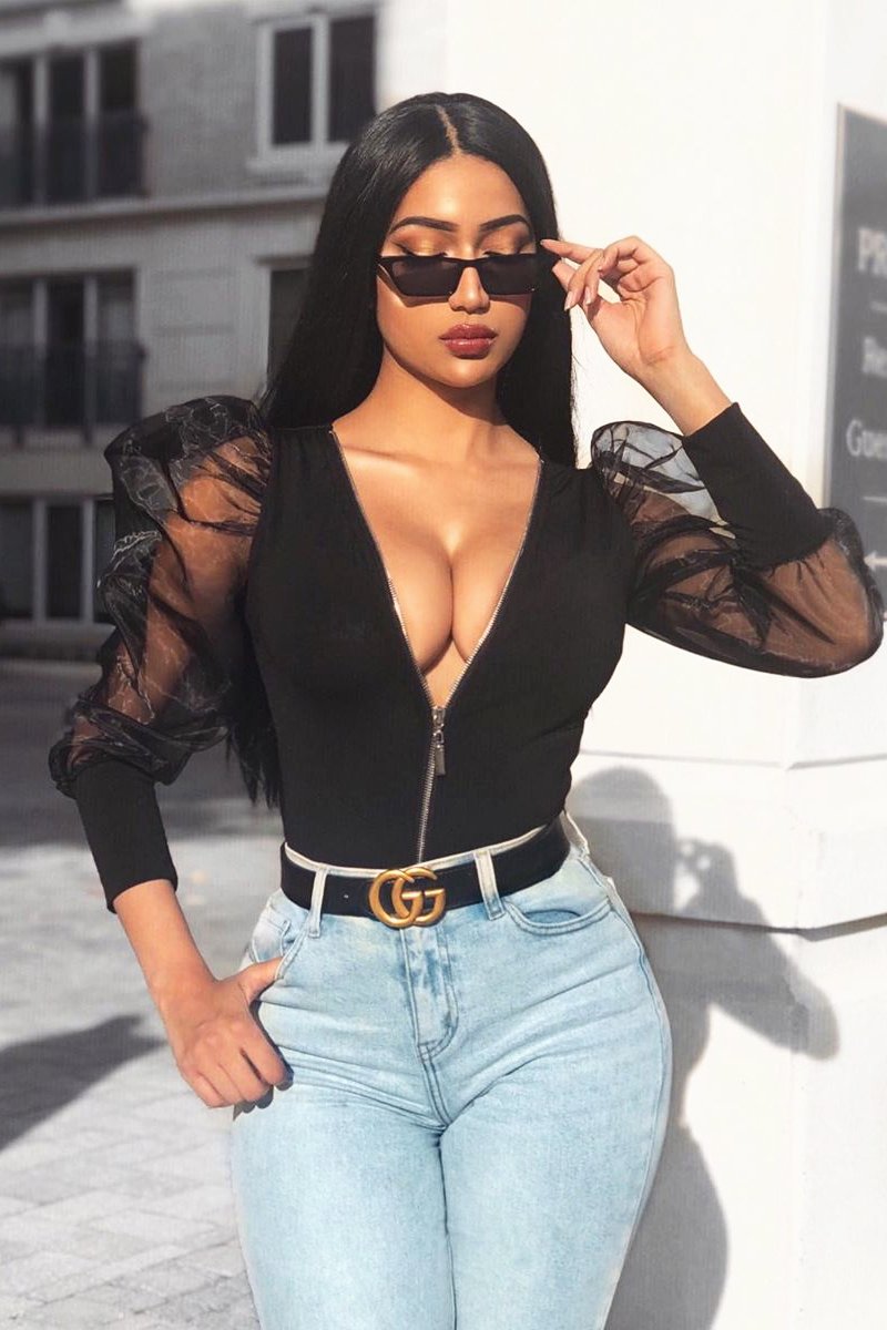 Black Zip Front Sheer Puff Sleeves Bodysuit - Vylet-Bodysuits