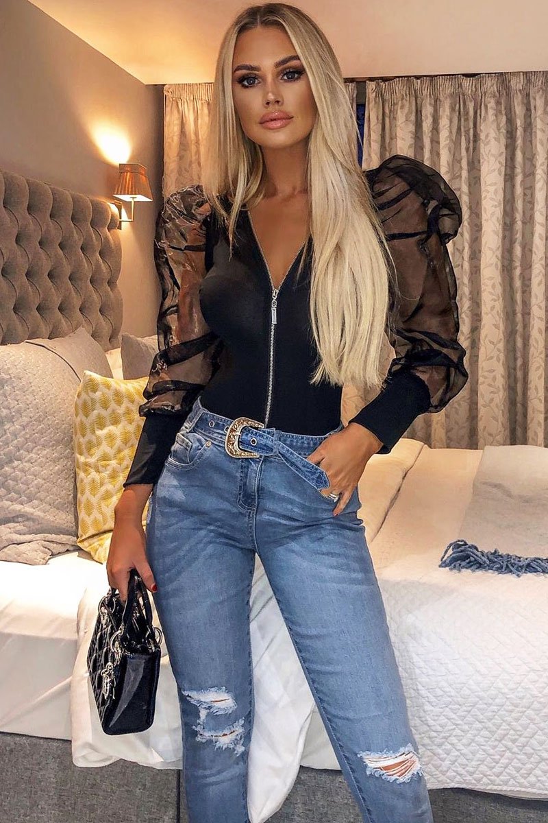 Black Zip Front Sheer Puff Sleeves Bodysuit - Vylet-Bodysuits